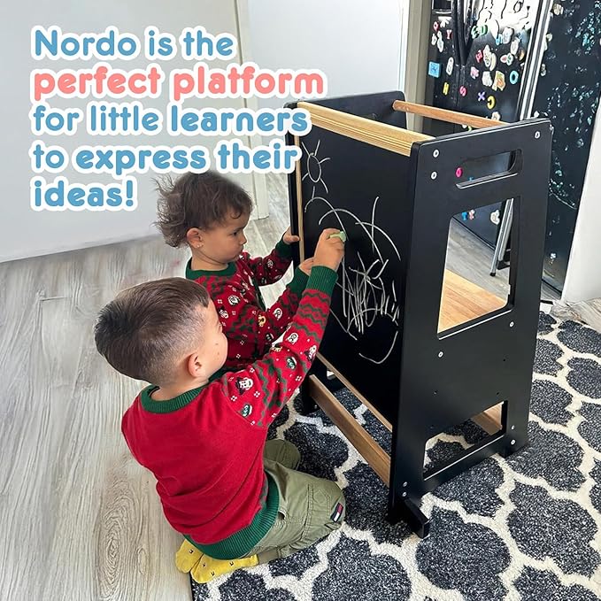 Toddler Kitchen Stools Helper with Adjustable Height and Anti-Slip Protection, Kids Standing Tower with Safety Rail, Kids Montessori Stool with Learning Chalkboard, Natural