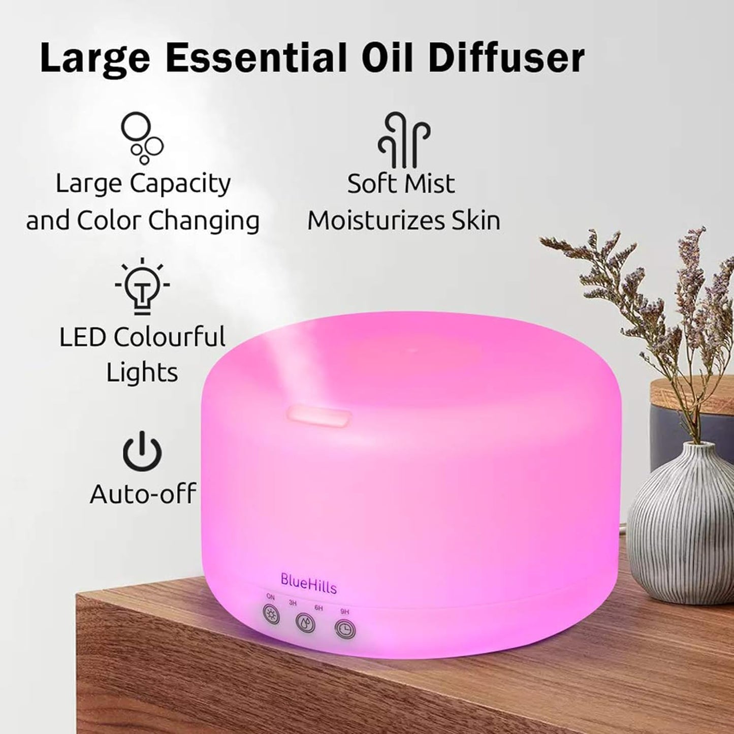 BlueHills Premium 1000 ML XL Essential Oil Diffuser Aromatherapy Humidifier with Remote for Large Room Home 18 Hour Run Huge Coverage Area 1 Liter Mood Lights Extra Large Capacity White D001