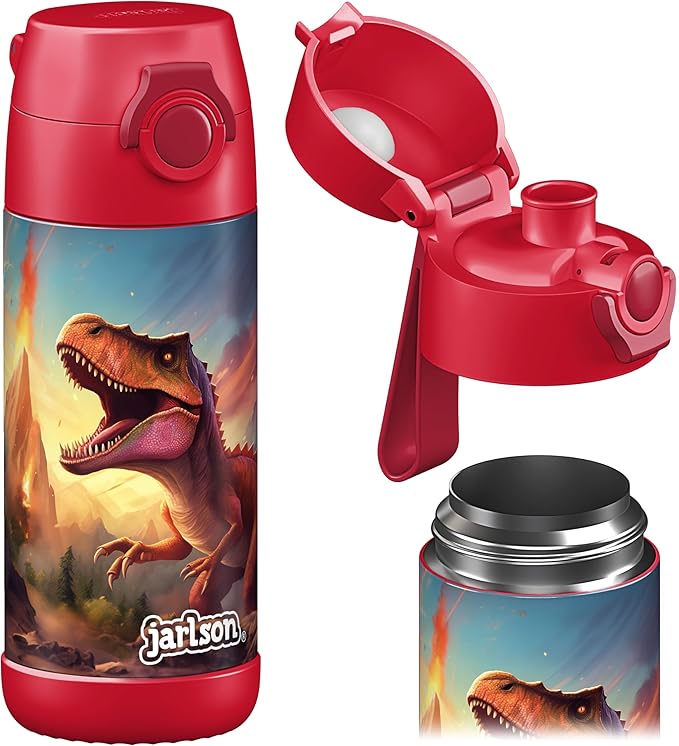 Jarlson® Mali Children's Water Bottle, Thermal Stainless Steel Water Bottle, BPA-Free, Leak-Proof, Children's Bottle with Chug Lid, Bottle for School, Nursery (Dinosaur Red, 12 oz)