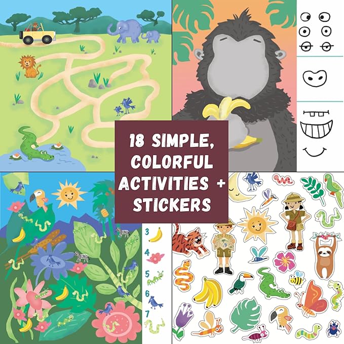 Totebook Kids Travel Educational Activity Book with Washable Markers - Car and Airplane Activities, Learning Toys for Toddlers- Reusable Stickers for Ages 4, 5, 6 (Jungle & 2 Extra Books)