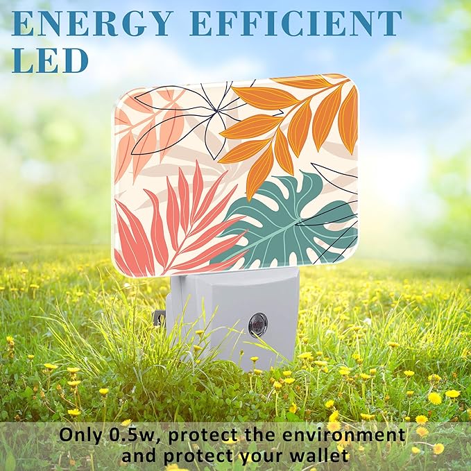 Abstract Art Plant Night Light Plug into Wall, Leaves Lines Night Light with Dusk to Dawn Sensor for Kid Girls Boys Women Men Bedroom, Hallway, Kitchen, Bathroom, Stairs Decor