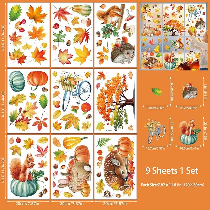 9 Sheets Fall Window Clings Cartoon Rabbit Hedgehog Squirrel Animals Pumpkin Leaves Design Autumn Windows Clings for Glass Thanksgiving Windows Stickers Decor for Home Office Bedroom