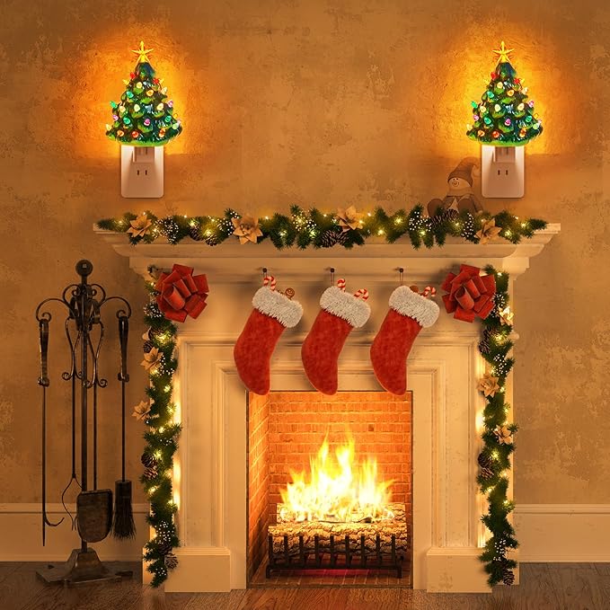 Brightown Ceramic Christmas Tree Night Light - 2 Pack Christmas Decorative Ceramic Tree with ON/Off Switch, Vintage Christmas Night Light for Bedroom Porch Holiday Decor