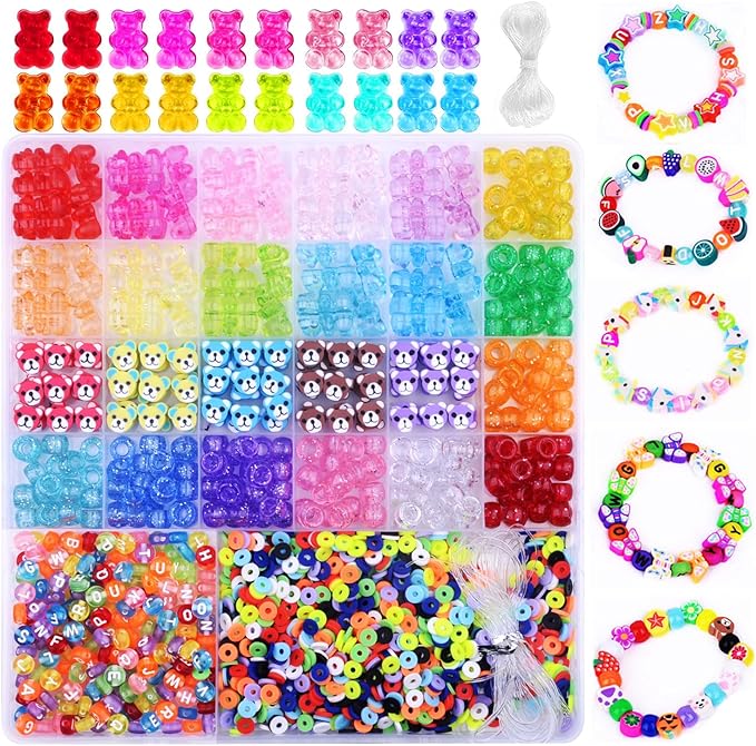2480pcs Acrylic Bear Polymer Clay Beads Charms for Bracelets Making Kit Cute Fun Charms Beads Friendship Bracelet Making DIY Arts Crafts Birthday Gifts Toys for Kids Girls