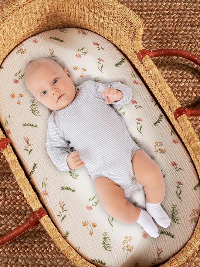 TILLYOU Muslin Bassinet Sheets for Baby Boys Girls 3 Pack, Soft Breathable Elastic Cotton Bassinet Mattress Sheets, Fit Hourglass Oval Rectangle Cradle Mattress, 33"X17",Daisy