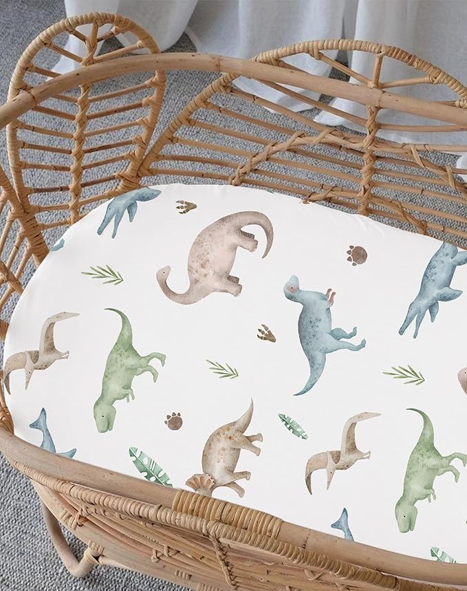 Bassinet Sheets for Baby Girls Boys 2 Pack, Fitted Baby Mattress Sheet for Rectangle, Oval, Hourglass Bassinet Mattress, Breathable Cozy & Universal Fit (Dino Pals)