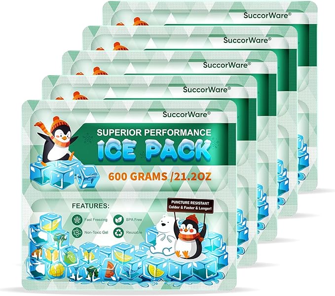 5 Packs Reusable Ice Packs for Lunch Boxes - 12+ Hour Cooling Ice Gel Pack for Camping, Beach, Office - Ice Packs for Cooler Bag, Cooler Backpacks
