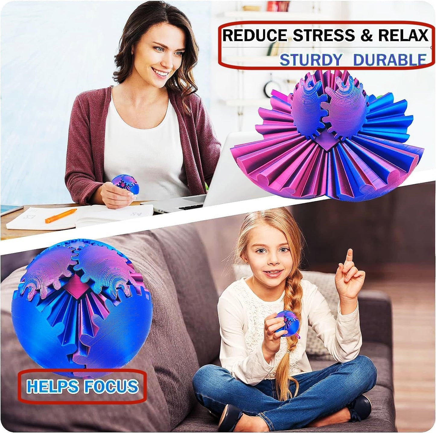 Gear Ball,Gear Sphere,3D Printed Gear Ball Gearsphere Gear Ball for Stress and Anxiety Relaxing Fidget Ball,3D Printed Work Fidget Toy,Activity Gear Ball for Adults & Kids (Red+Blue)