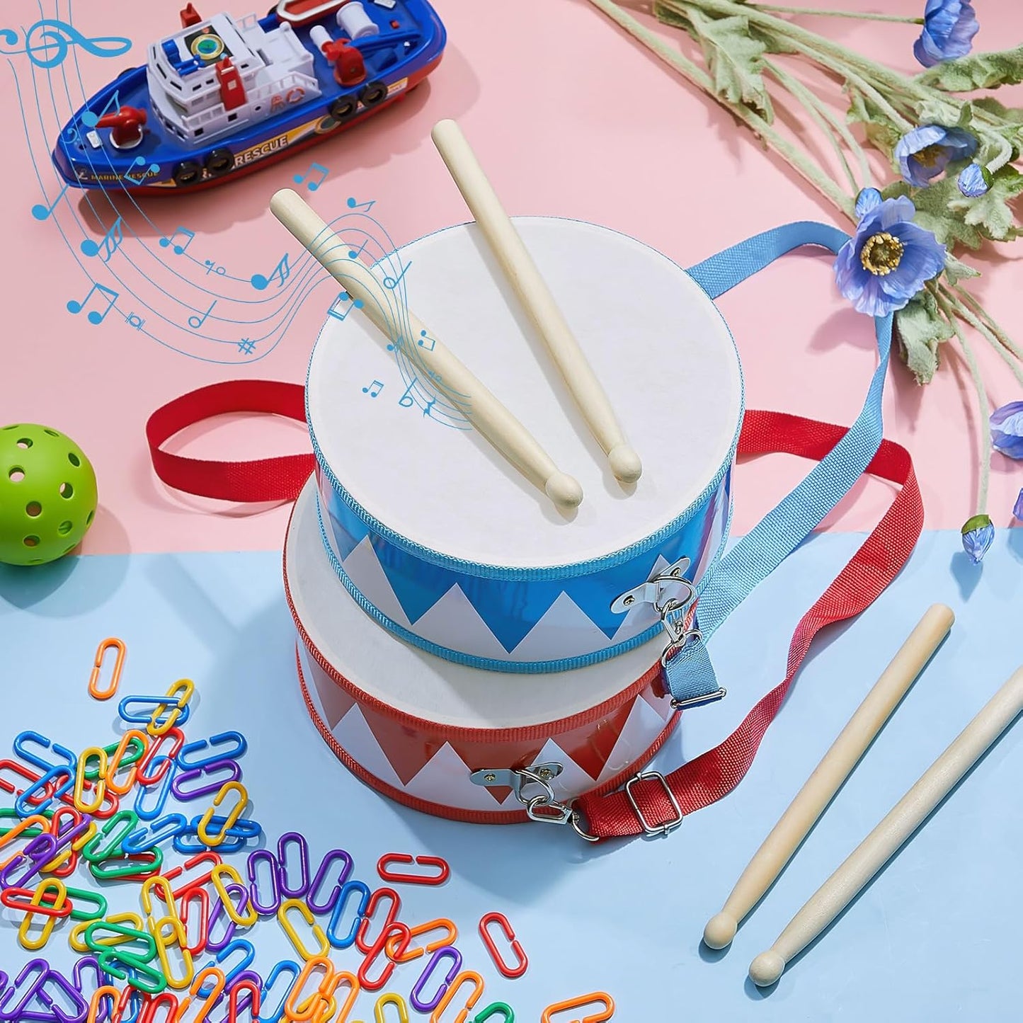 Boao 4 Pcs Kids Drum Set, 8 Inch Toddler Drum Wooden Toy with Adjustable Strap and 4 Drumsticks, Educational Sensory Musical Instrument for Toddlers Kid Baby Boys Girls Gift (Flag)