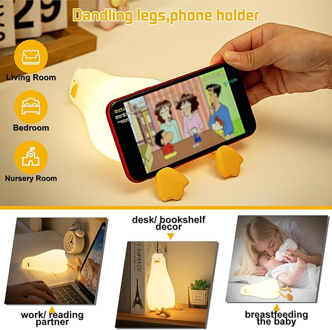 LED Lying Flat Duck Night Light, 3 Level Dimmable Nursery Nightlight, Cute Lamps Silicone Squishy Light Up Duck, Rechargeable Bedside Touch Lamp for Nursery College Dorm Decor Trendy Stuff