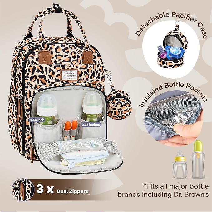 RUVALINO Diaper Bag Backpack-Multifunction Baby Travel Bag with Changing pad, Insulated Bottle Holders & Pacifier Case, Large Capacity, Waterproof, Yellow Leopard
