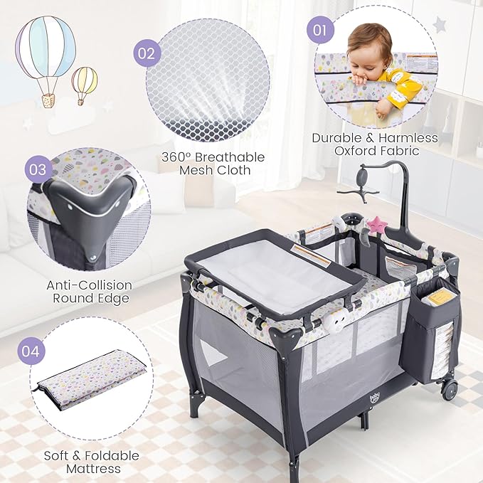 Costzon 3 in 1 Pack and Play with Bassinet, Portable Baby Playard with Changing Table, Music Box, Whirling Toys, Wheels/Brake, Basket, Bag, Foldable Infant Bassinet for Baby Toddlers Indoor Outdoor