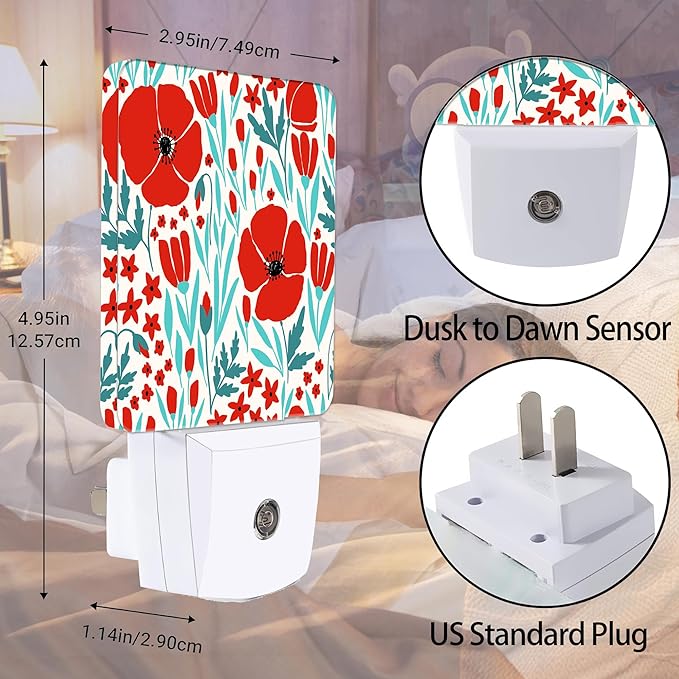 Red Morning Glory Night Light, Dusk to Dawn Smart Sensor Night Light for Bedroom Bathroom Kitchen Hallway Stairs Hallway, Plug-in, Energy Efficient Decor Desk Lamp Gifts