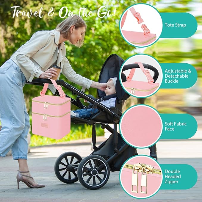 PIIOSER Breast Milk Storage Cooler Bag with Ice Pack, Fits 4 Baby Bottles Up to 5 Ounce, Small Insulated Breastmilk Cooler Travel Bag with Handle Buckle for Nursing & Working Mom Daycare(Pink-XS)