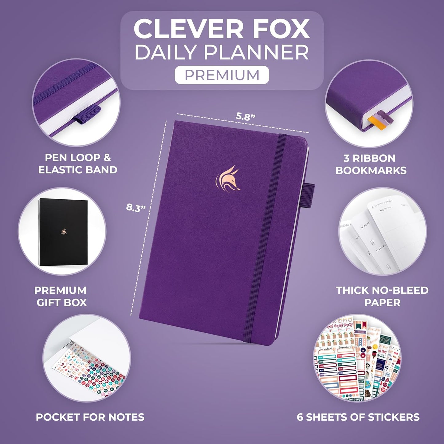 Clever Fox Planner Daily Premium – Undated Daily Planner with Hourly Schedule, Personal Organizer, Productivity Journal, 6 Months (Purple)