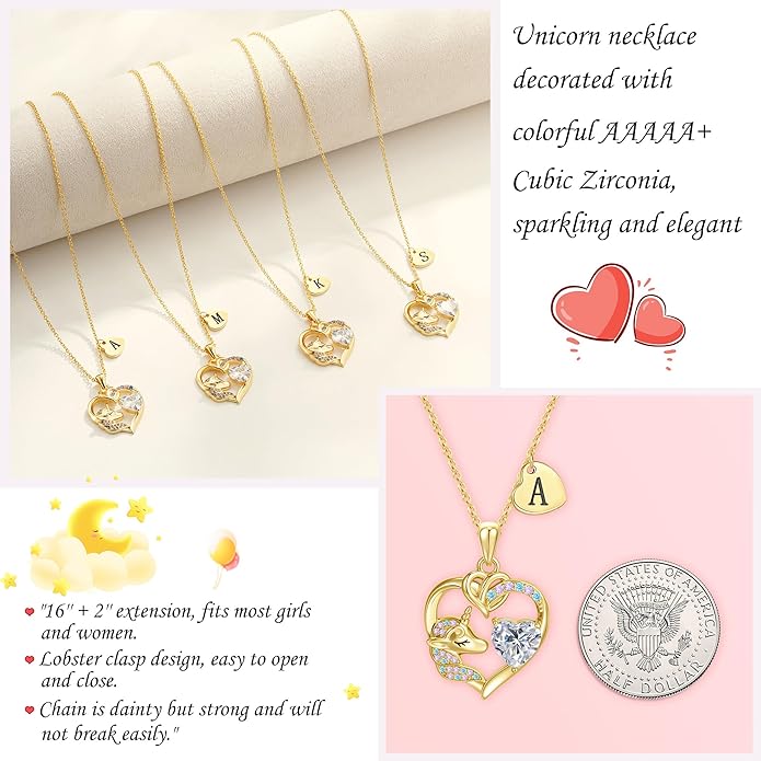 C-leen Unicorn Gifts for Girls Kids - Colorful CZ Heart Initial Necklaces Unicorn Necklace for Girls Jewelry Christmas Birthday Gifts for Little Girl