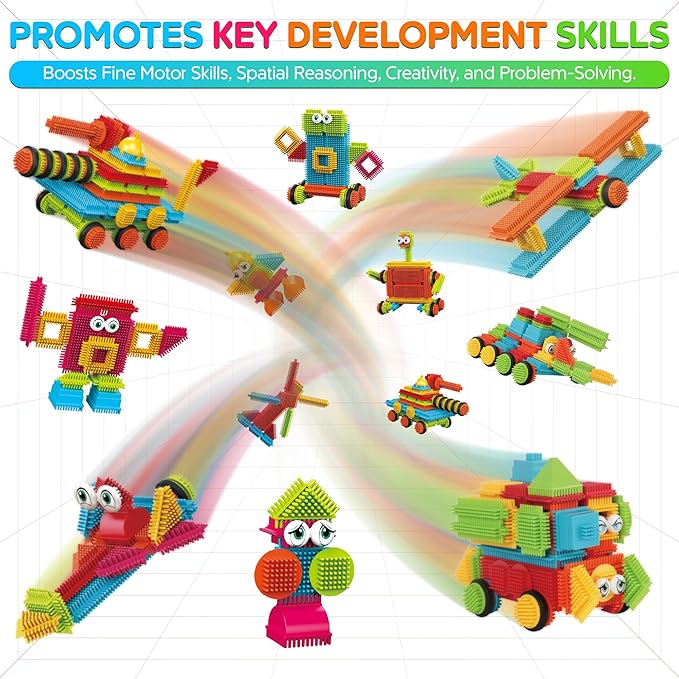 Contixo 244 pcs Bristle Shape 3D STEM Building Toys, Construction Learning Stacking Educational Block, Creativity Beyond Imagination, Inspirational, Safe & Durable, Recreational Toy for Kids Ages 3-8