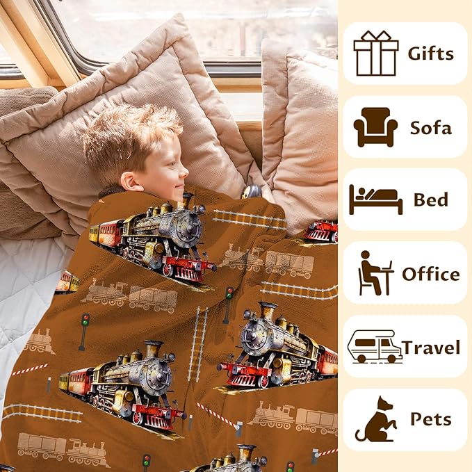 Boys Throw Blankets Train Blanket Gift for Kids Adults Birthday, 60x80 Inches Lightweight Comfy Throw for Couch Chair Bed Office Cute Decor Stuff