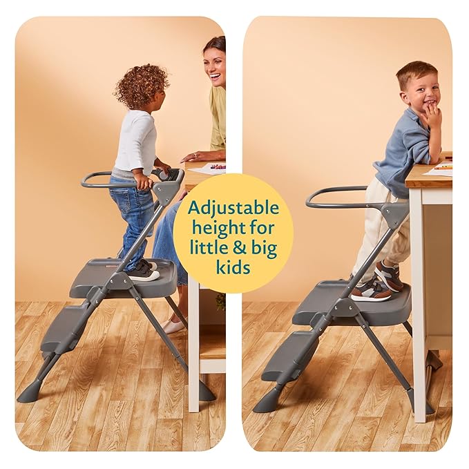 The First Years Foldable Toddler Tower and High Chair - 2-in-1 Baby High Chair and Toddler Step Stool - Adjustable Grow with Me Height - Folds Flat & Easy to Clean - Kids Stool with Non-Slip Surface