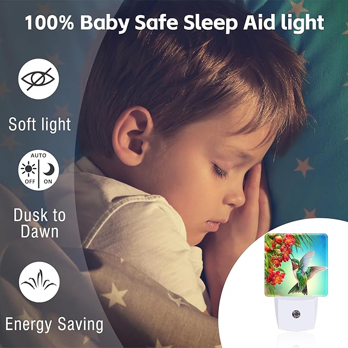 Hummingbird with Flowers Night Light for Kids,Red Tropical Floral Leaves Hummingbird Night Light Plug in with Dusk to Dawn Sensor,0.5w Energy Saving Nightlight for Hallway Stairway Kitchen Bedroom