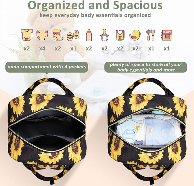 Diaper Bag Backpack,Baby Essentials Diapers Bag with Pacifier Case,Multipurpose Stylish Large Capacity Travel Backpack for Baby Girl/Boy(M-Sunflower)
