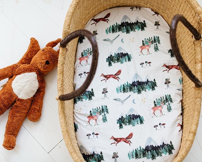 Baby Bassinet Sheets for Boy, Girl (Woodland Forest Animals) 2-Pack - Fitted Bedside Bassinet Sheets - Buttery Soft Cotton Blend for Standard Mattress Pad - Compatible with Halo BassiNest