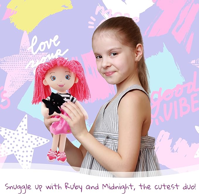 June Garden 15" Playmate Buddies - Plush Doll Ruby with Her Stuffed Animal Companion Kitty Midnight for Kids 1 Year and Up