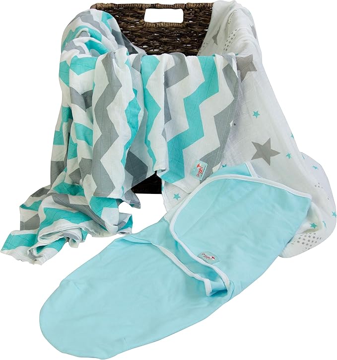 Newborn Bamboo Rayon Swaddle Wraps | Baby Receiving Blankets 3 pk: Wrap & 2 Muslin Square Blankets - Light Blue & Grey Chevron Stripes & Stars