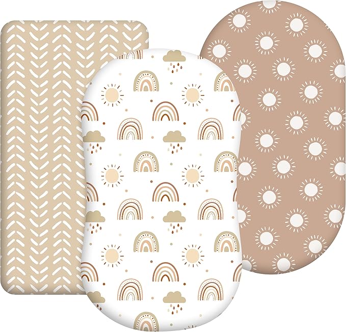 Baby Bassinet Sheets Girl Unisex - 3 Pack Safe Cradle Sheets Universal for Hourglass, Oval Rectangle Bassinet Mattresses (32" x 16") Cloud Rainbow