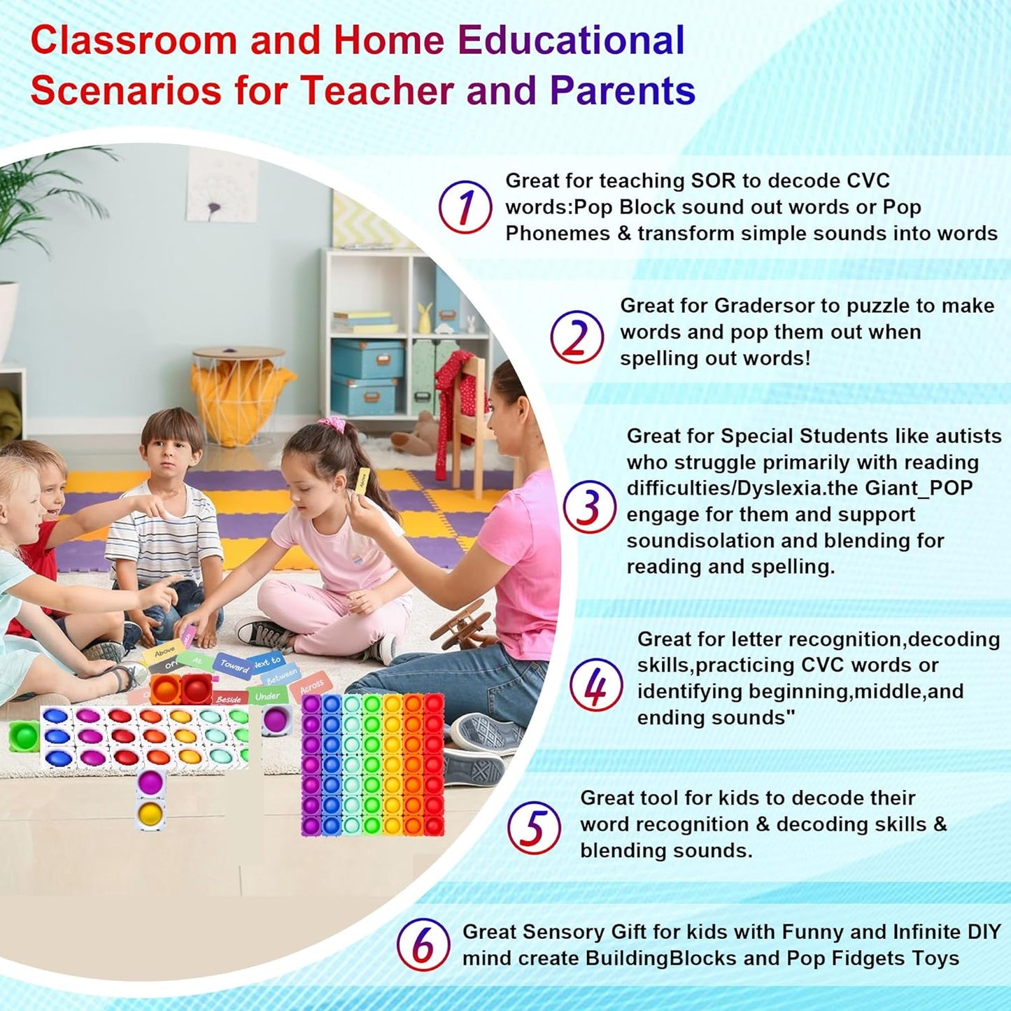 JeewLet-POP MultiSensory Pop-CVC-Fidget-Classroom-Toys。Funny Reading&Phonics Interactive Tools。Giant Rainbow Silicone Bubble&Loud Crisp Sound&DIY-Pops-Its-Fidget-Toys-Building-Blocks-Game