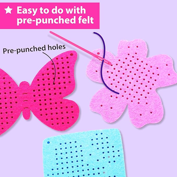 KRAFUN Cross Stitch Kits for Kids Beginners, 4 Cross Stitching Keyrings Arts & Crafts with Butterfly and Flower, Needlepoint Embroidery Kit for Girls 5-13 Craft Kit Backpack Charms, Ornaments