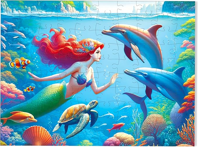 100 Piece Jigsaw Puzzle for Kids Age 4-8 Teens Gift Family Time Undersea Mermaid Princess Puzzles (Blue- Mermaid)
