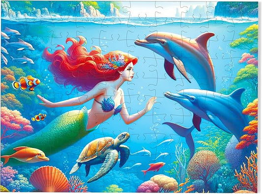 100 Piece Jigsaw Puzzle for Kids Age 4-8 Teens Gift Family Time Undersea Mermaid Princess Puzzles (Blue- Mermaid)