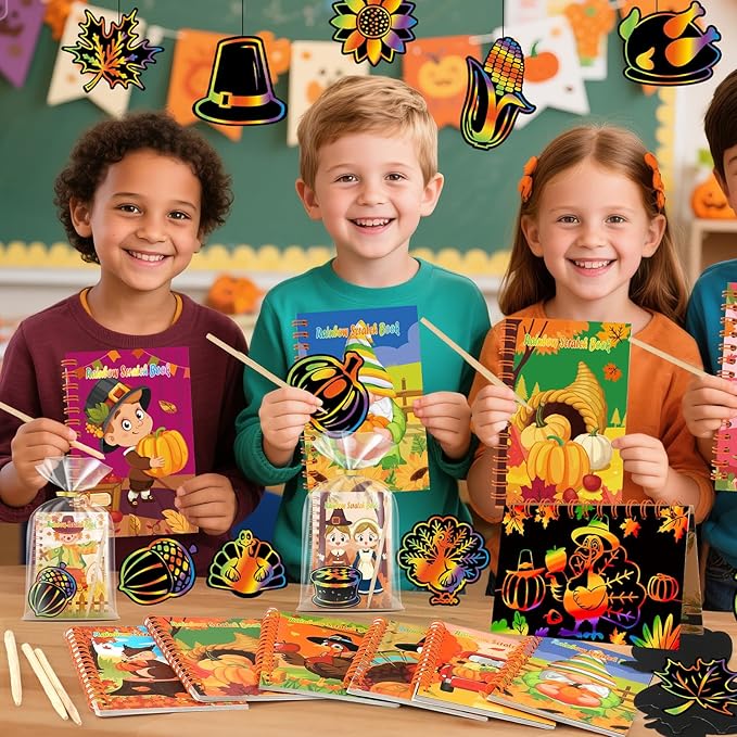 12 Pack Thanksgiving Scratch Art Party Favors for Kids - Rainbow Scratch Paper with Fall Party Scratch Off Cards Easter Birthday Goodie Bags Stuffers - Return Gifts DIY Classroom Prize