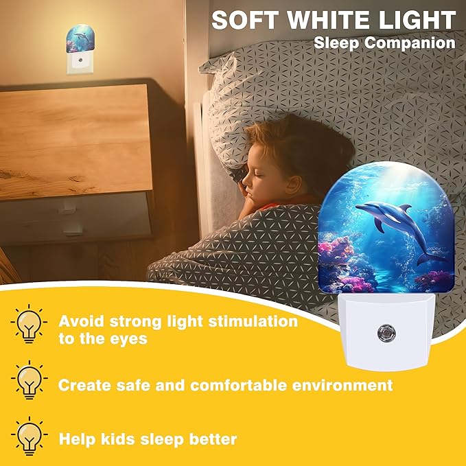 Night Light, Underwater World and Dolphin Night Lights Plug into Wall Dusk to Dawn Sensor Round Nightlight for Women Men Energy Efficient Led Lamp 0.5W for Stairway Hallway Bedroom