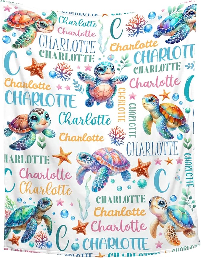 Personalized Baby Blanket for Girls Boys Kids Sea Turtle Custom Baby Blanket with Name Throw Birthday Gift for Toddlers Infants Shower Newborns Nursery Stroller Crib Bed Decor