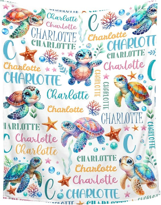 Personalized Baby Blanket for Girls Boys Kids Sea Turtle Custom Baby Blanket with Name Throw Birthday Gift for Toddlers Infants Shower Newborns Nursery Stroller Crib Bed Decor