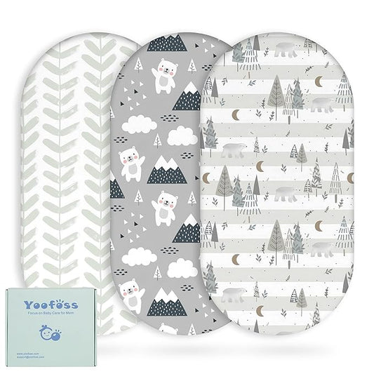 Yoofoss Bassinet Sheets for Baby,3-Pack Fitted Bassinet Sheets Set Compatible with Halo Bassinest Swivel Sleeper,Baby Delight,Angelbliss,Soft Breathable Bassinet Mattress Sheets(Grey+Bear)