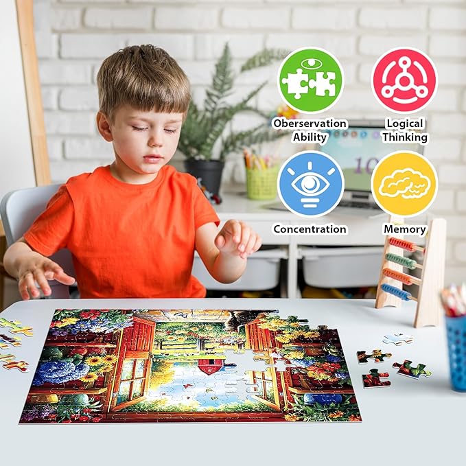 Jeaiciro 100 Piece Puzzles for Kids Ages 5-8 & 8-10, Flower House Farm Jigsaw Puzzle, Large Piece Puzzles for Seniors & Adults, Educational Toy for Boys and Girls Family Fun Gift Set for Child