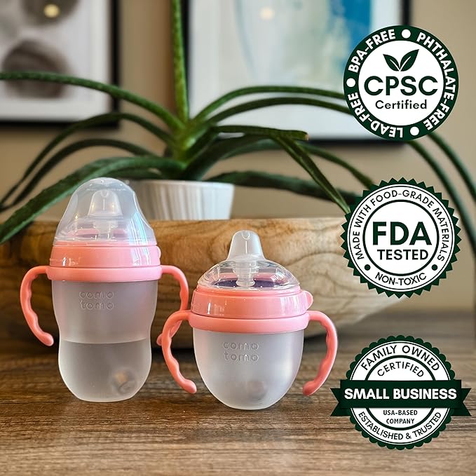 Sippy Cup Conversion Kit for Comotomo Baby Bottles 2-Count, Soft Food Grade Silicone Spout Nipples, All Silicone Weighted Straw, Bottle Handles, Cleaning Brush, BPA-Free, 4+ months (Sippy Spout, Pink)