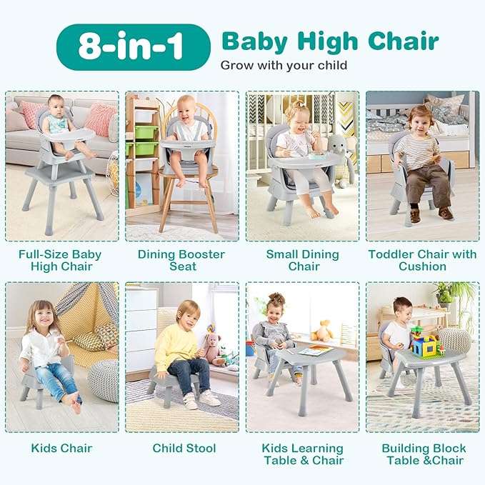 BABY JOY Baby High Chair, 8 in 1 Convertible Highchair for Babies & Toddlers | Booster Seat | Table and Chair Set | Building Block Table | Toddler Chair with Safety Harness, Removable Tray (Gray)