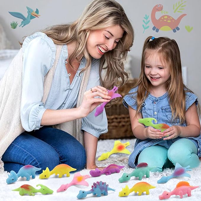 20 Pcs Slingshot Dinosaur Finger Toys, Halloween Toys Party Favors for Kids Sticky Rubber Dino Flying Catapult Fidget Toys for Boys Girls Goodie Bag Easter Basket Stuffers Valentines Xmas Gifts