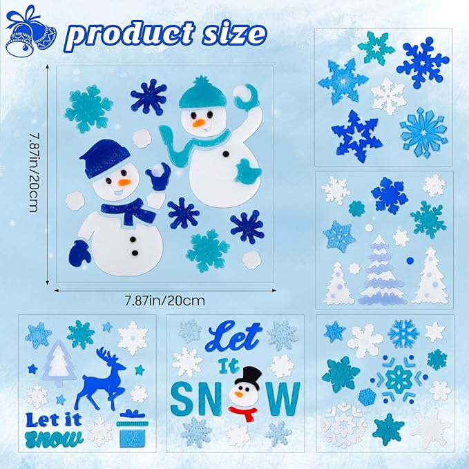 Christmas Window Clings Gel Blue and White Snowflake Snowman 6-Piece Set, Christmas Decorations for Glass Windows and Wall, Winter Glitter Snowflake Window Clings, School Home Xmas Party Decorations