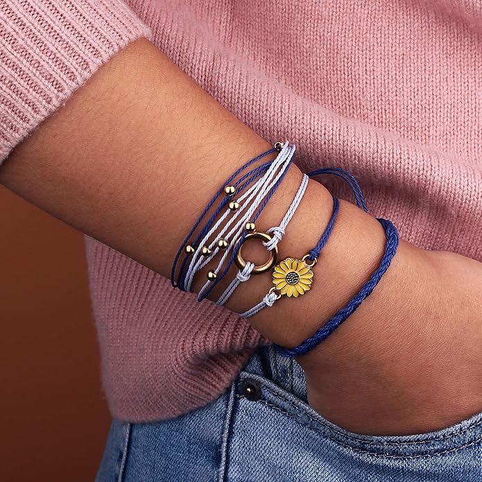 FANCY SHINY Sunflower String Bracelet Boho Braided Rope Wrap Bracelets Cute Summer Beach Surfer Jewelry for Women Christmas Gifts