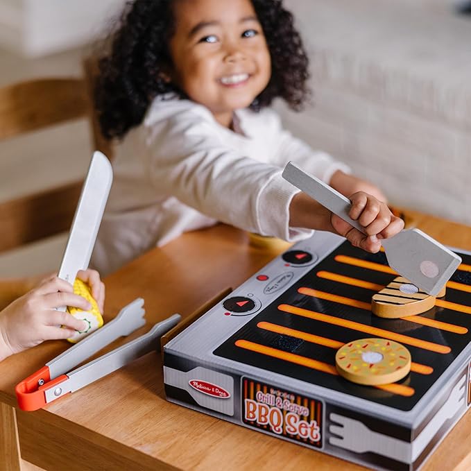 Melissa & Doug Grill and Serve BBQ Set (20 pcs) - Wooden Play Food and Accessories