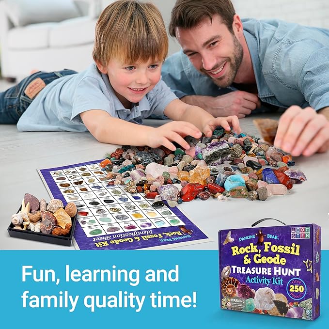 DANCING BEAR Rock, Mineral & Geodes Treasure Hunt Activity Kit (250 Pc Set) Real Shark Teeth Fossils, ID Sheet & Rock Book, STEM