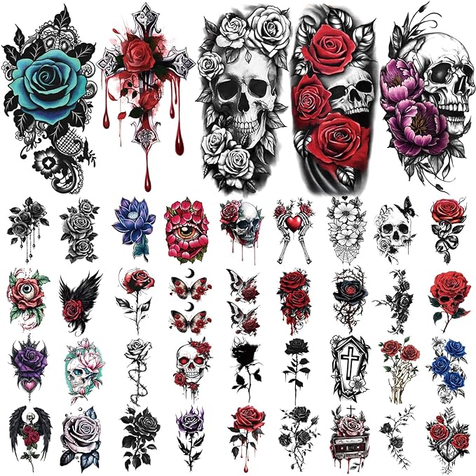 77 Sheets Flowers Skeleton Skull Temporary Tattoo for Women Men, 17 Half Arm Dark Gothic Punk Rocker Butterfly Fake Tattoos, 60 Scary Halloween Cosplay Tiny Adult Kid Body Tattoos Stickers Realistic