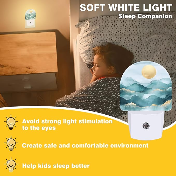 Night Lights Plug into Wall Abstract Mountains and Sun Night Light Dusk to Dawn Smart Sensor Decorative Round Led Lamp for Bedroom Kitchen Hallway Nightlight for Women Men