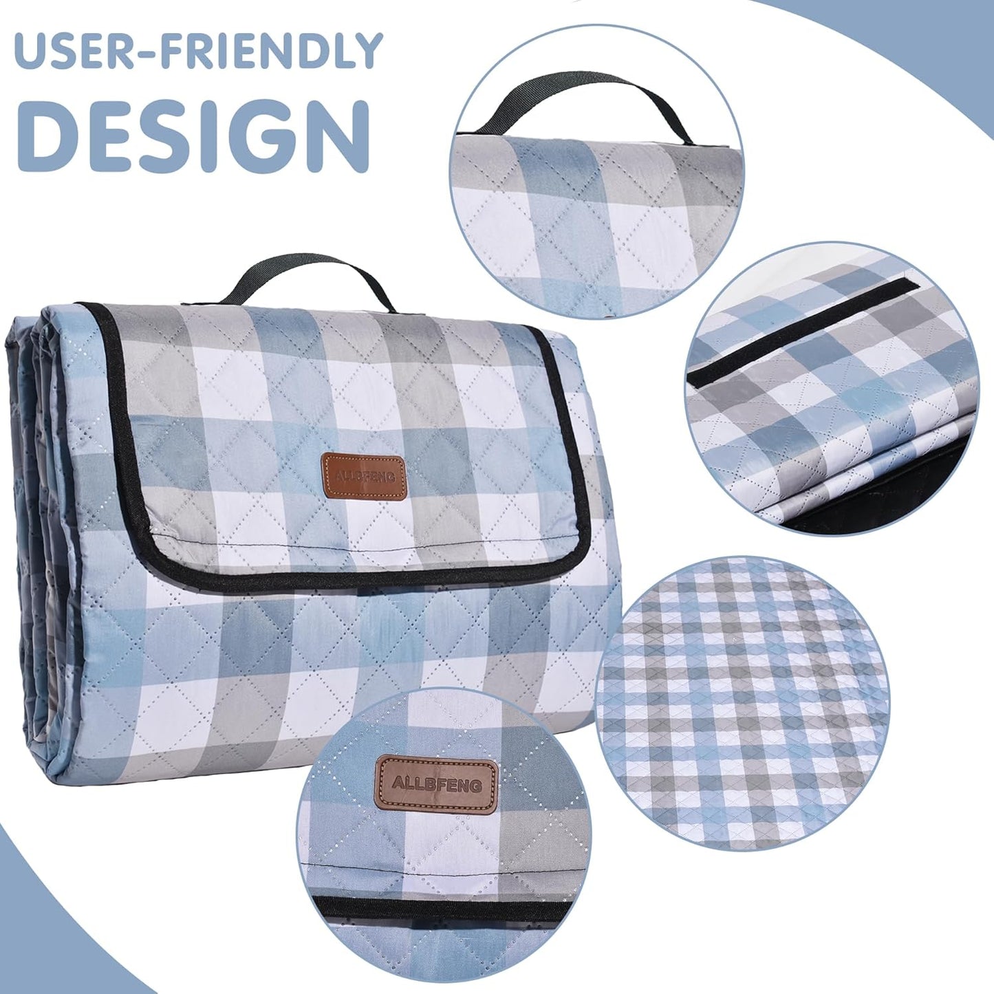 Extra Large Picnic Blanket 80''x 80'' Waterproof Foldable Picnic Mat for Beach, 5-Layer Outdoor Blanket for 6 to 8 Adults,Camping Grass Lawn Park Accessories Couple Park Wedding Registry(Blue Gray)