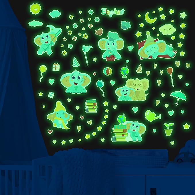 Glow in The Dark Cute Elephants Wall Decals, Animal Star Stickers for Baby Girls Boys Room, Luminous Ceiling Decor for Bedroom Playroom Nursery